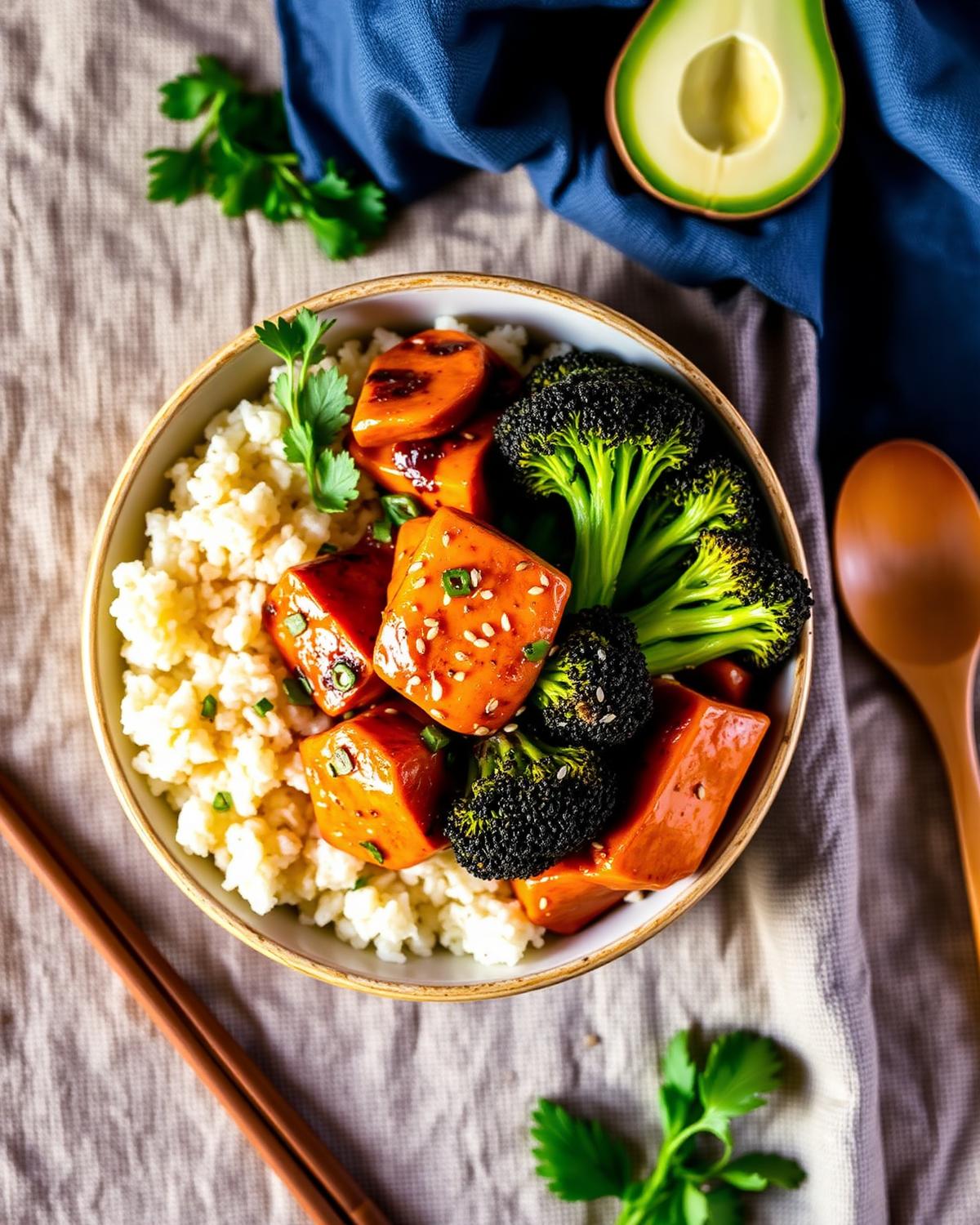 Chili garlic chicken bowl with rice and charred broccoli